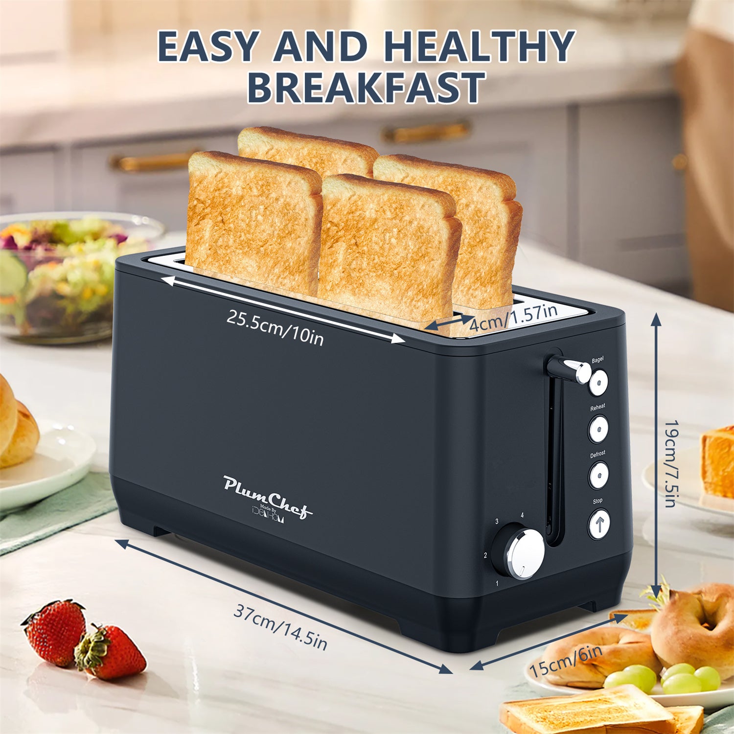 Plum Chef 4 Slice Toaster, Long Extra-Wide Slots for Bagels & Waffles, 6 Browning Levels, Bagel/Stop/Defrost/Reheat Functions & Removable Tray, Kitchen Gadgets, Stainless Steel, Black - VANELC