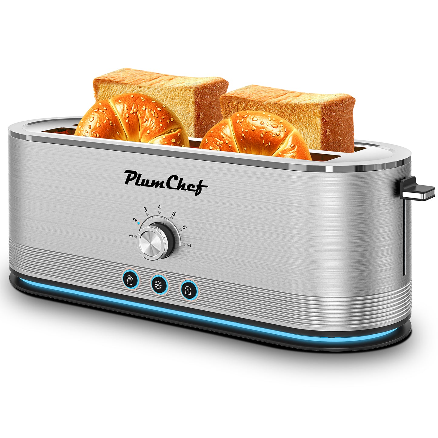 Plum Chef Toaster 4 Slice, Extra Long Slots 4 Slice Toaster, Reheat/Defrost/Cancel Function 6 Browning Settings Auto Pop-up Removable Crumb Tray, Stainless Steel, Silver - VANELC