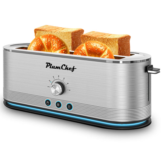Plum Chef Toaster 4 Slice, Extra Long Slots 4 Slice Toaster, Reheat/Defrost/Cancel Function 6 Browning Settings Auto Pop-up Removable Crumb Tray, Stainless Steel, Silver - VANELC