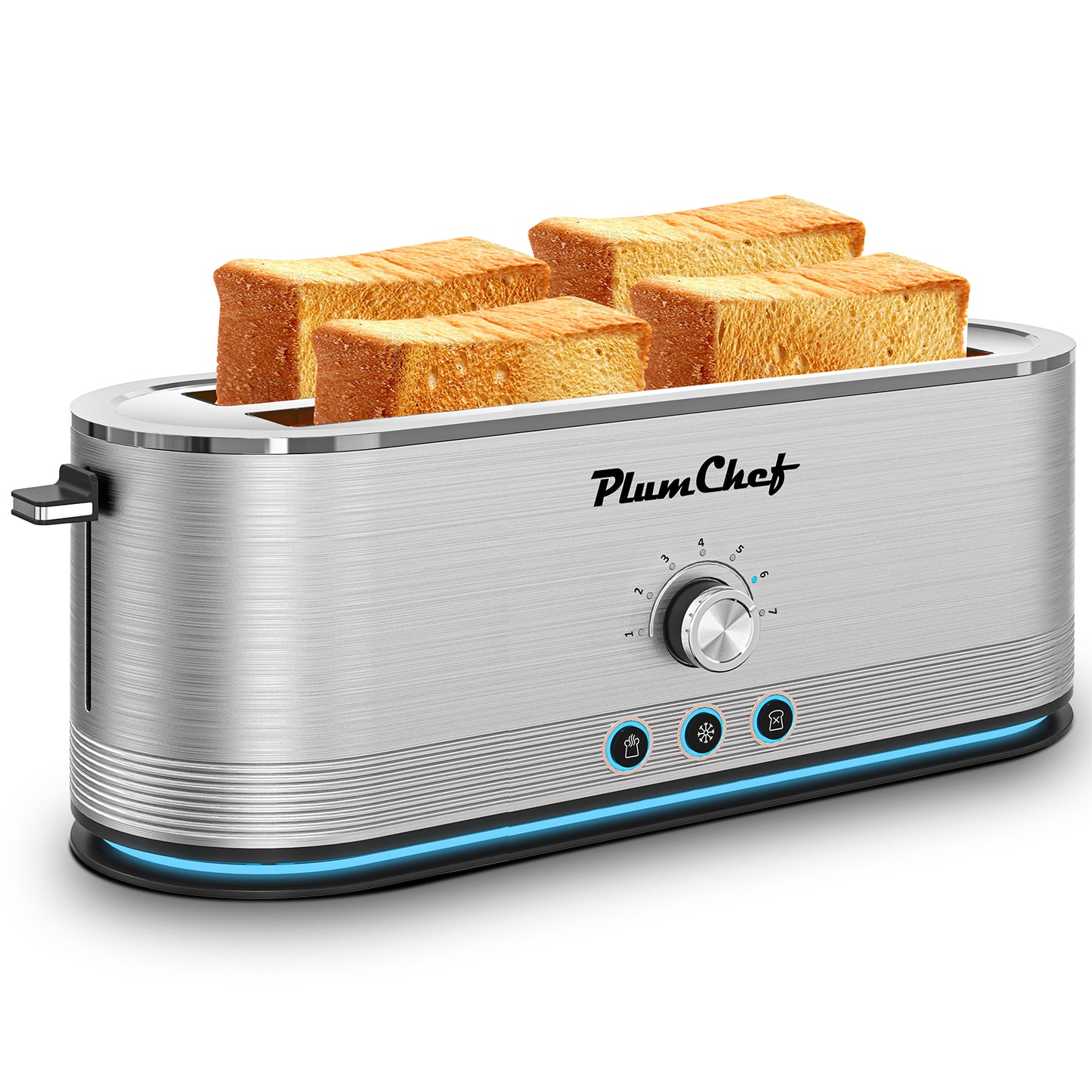 Plum Chef Toaster 4 Slice, Extra Long Slots 4 Slice Toaster, Reheat/Defrost/Cancel Function 6 Browning Settings Auto Pop-up Removable Crumb Tray, Stainless Steel, Silver - VANELC