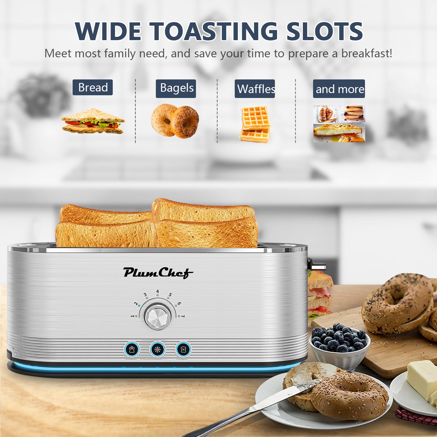 Plum Chef Toaster 4 Slice, Extra Long Slots 4 Slice Toaster, Reheat/Defrost/Cancel Function 6 Browning Settings Auto Pop-up Removable Crumb Tray, Stainless Steel, Silver - VANELC