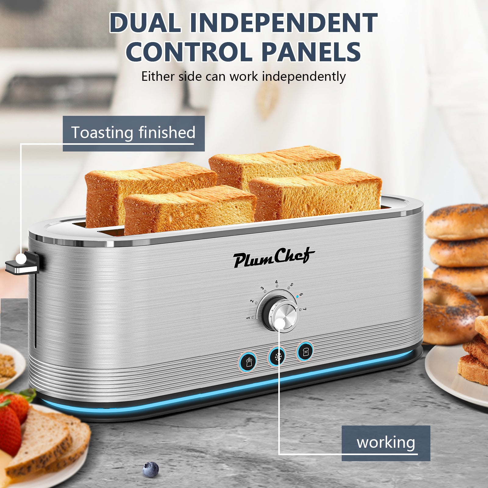 Plum Chef Toaster 4 Slice, Extra Long Slots 4 Slice Toaster, Reheat/Defrost/Cancel Function 6 Browning Settings Auto Pop-up Removable Crumb Tray, Stainless Steel, Silver - VANELC