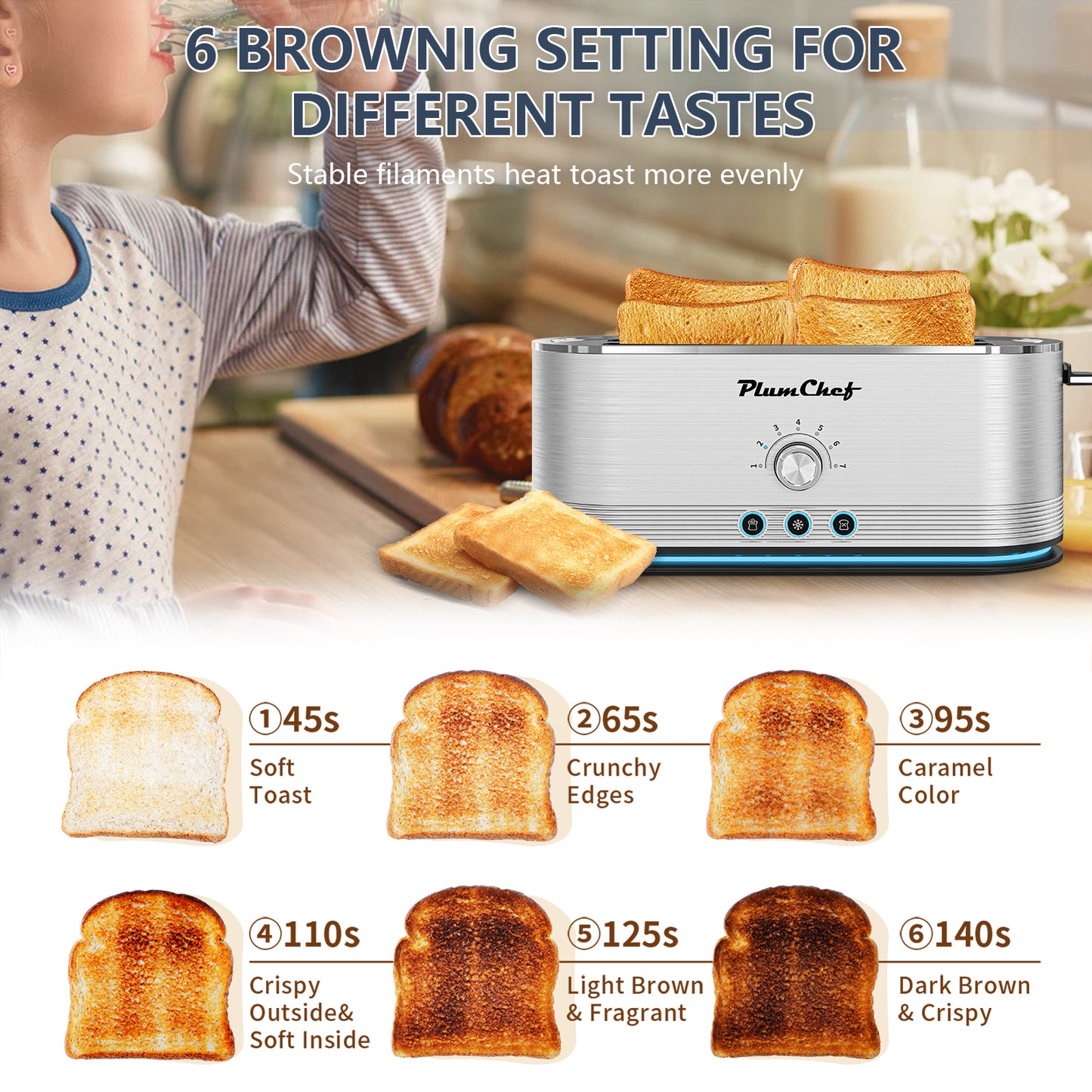 Plum Chef Toaster 4 Slice, Extra Long Slots 4 Slice Toaster, Reheat/Defrost/Cancel Function 6 Browning Settings Auto Pop-up Removable Crumb Tray, Stainless Steel, Silver - VANELC