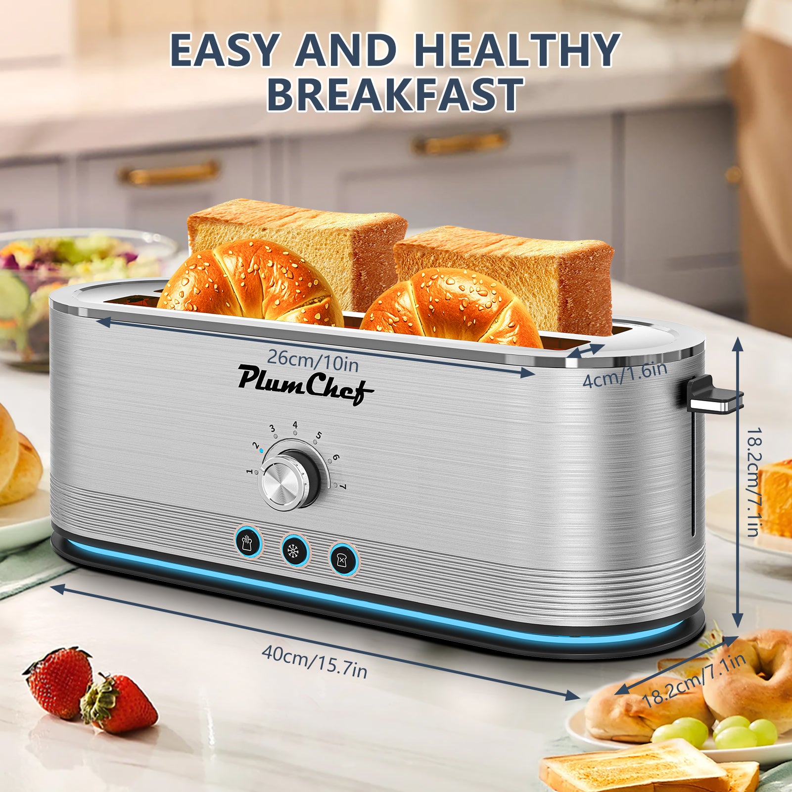Plum Chef Toaster 4 Slice, Extra Long Slots 4 Slice Toaster, Reheat/Defrost/Cancel Function 6 Browning Settings Auto Pop-up Removable Crumb Tray, Stainless Steel, Silver - VANELC