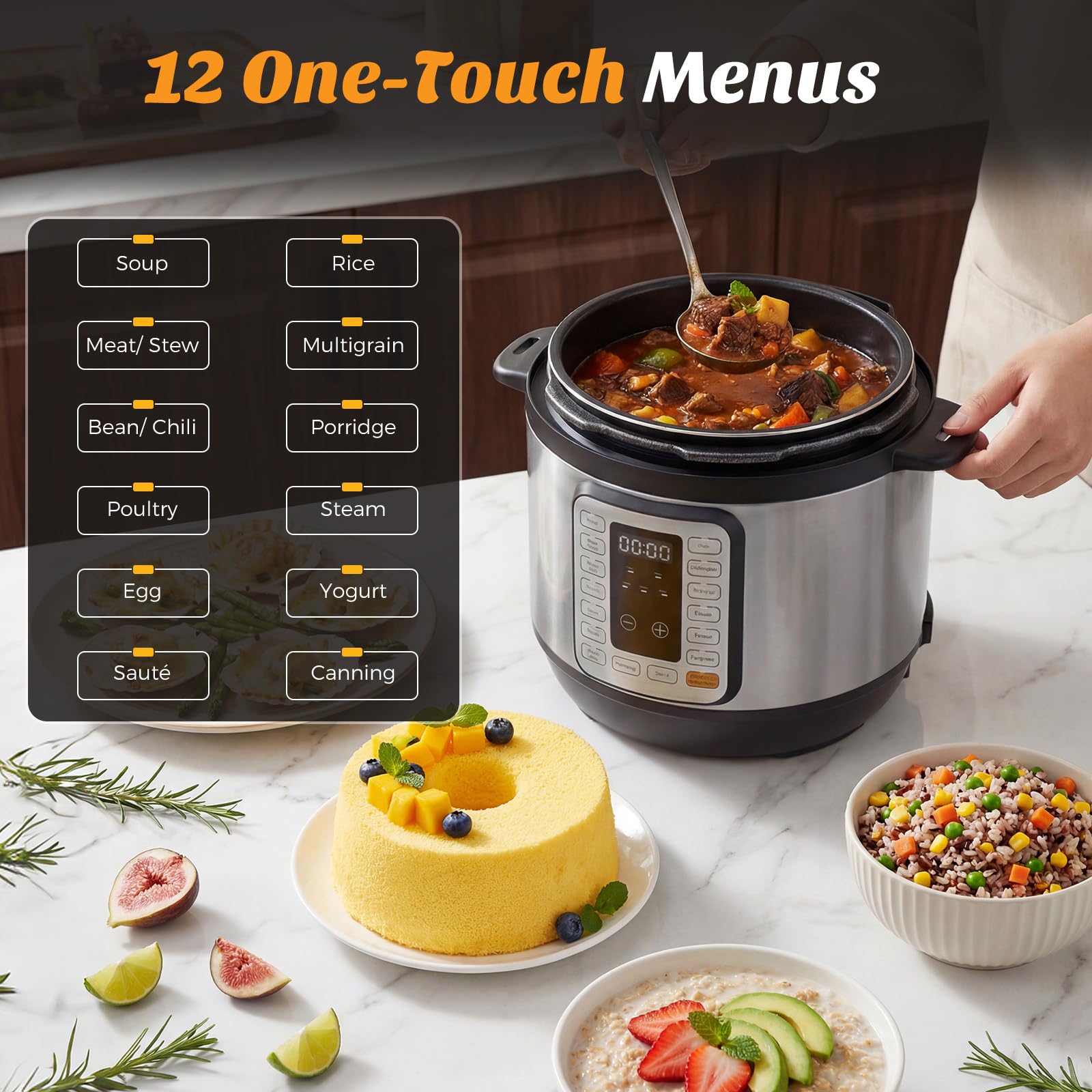 Plum Chef 16-in-1 Electric Pressure Cooker, 8-Quart Multi-Cooker with 12 Presets and Ceramic Inner Pot, Slow Cooker, Rice Cooker & Steamer, Silver - VANELC