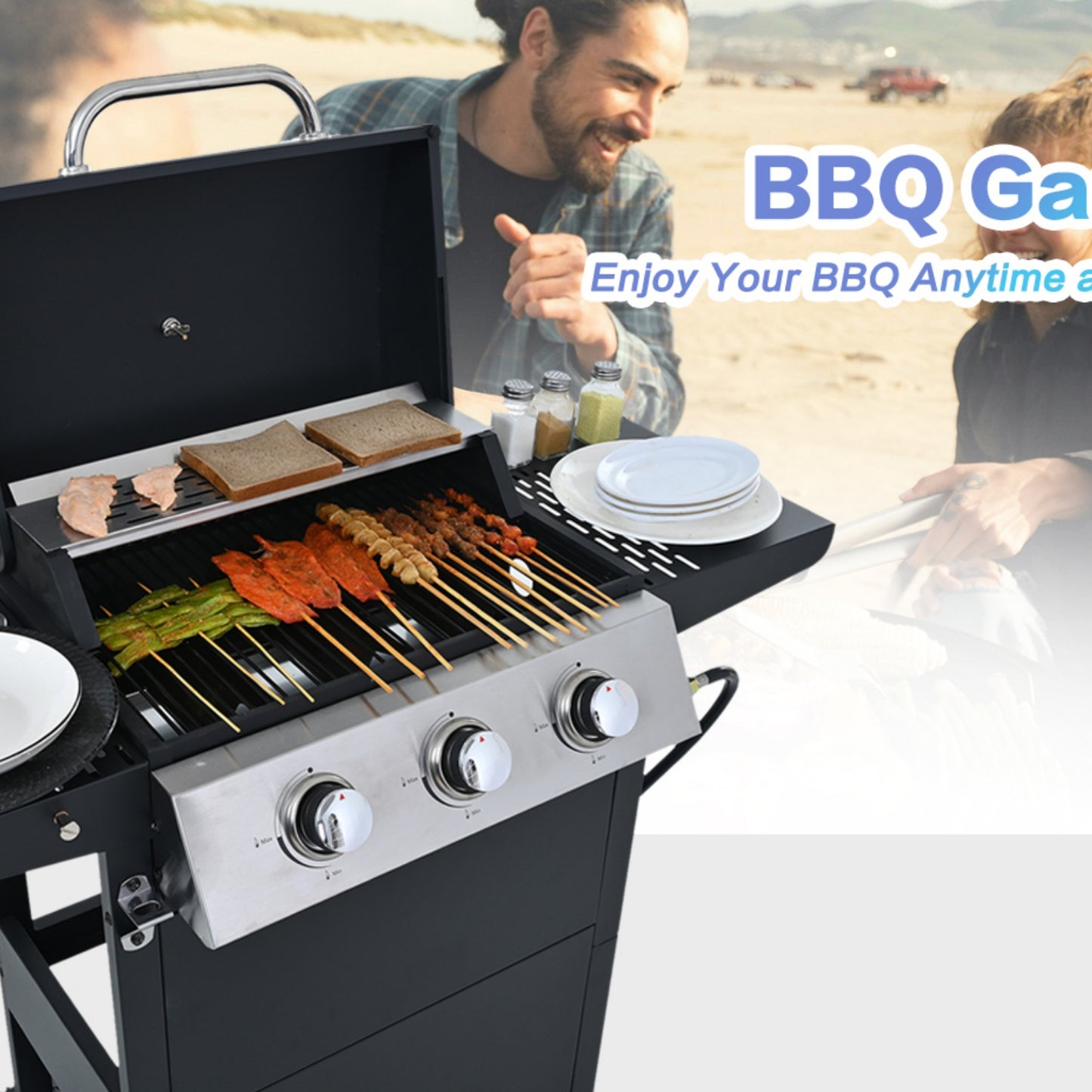 Highsound 3-Burner Propane Gas Grill, 25,650 BTU Stainless Steel BBQ Grill with Side Tables, Outdoor Portable Grill for Backyard & Camping, Black - VANELC
