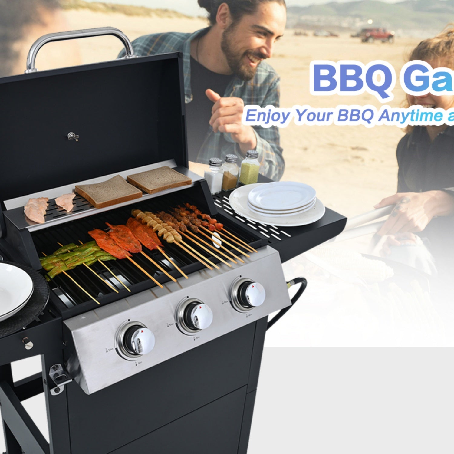 Highsound 3-Burner Propane Gas Grill, 25,650 BTU Stainless Steel BBQ Grill with Side Tables, Outdoor Portable Grill for Backyard & Camping, Black - VANELC