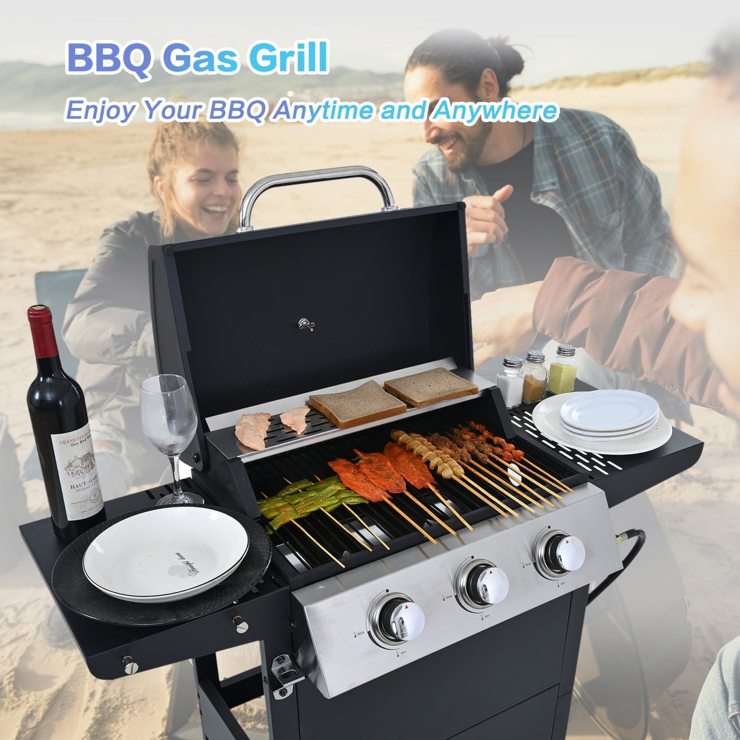 Highsound 3-Burner Propane Gas Grill, 25,650 BTU Stainless Steel BBQ Grill with Side Tables, Outdoor Portable Grill for Backyard & Camping, Black - VANELC