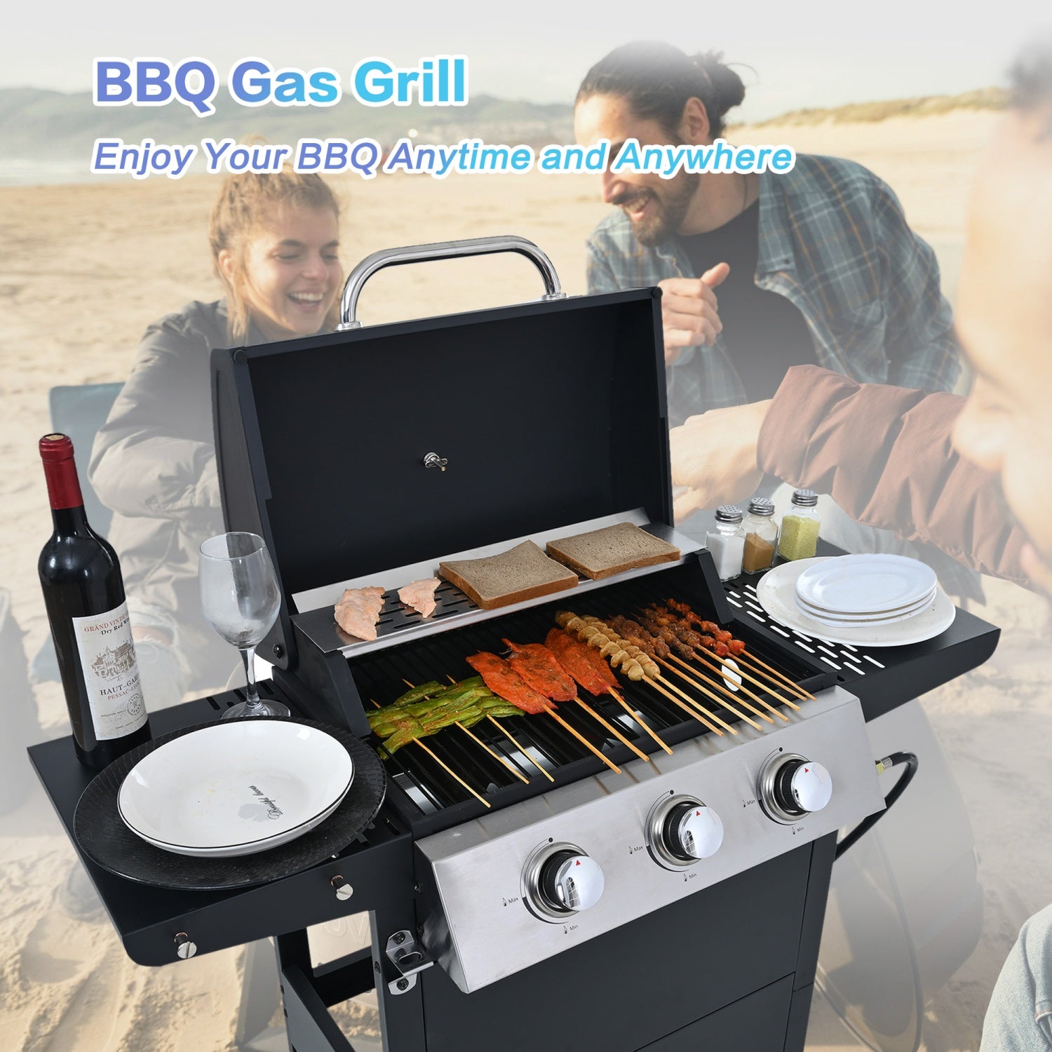 Highsound 3-Burner Propane Gas Grill, 25,650 BTU Stainless Steel BBQ Grill with Side Tables, Outdoor Portable Grill for Backyard & Camping, Black - VANELC