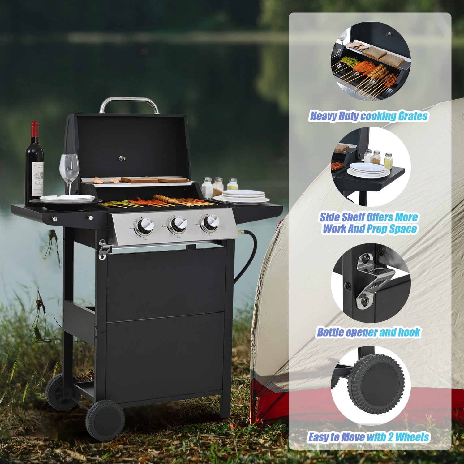 Highsound 3-Burner Propane Gas Grill, 25,650 BTU Stainless Steel BBQ Grill with Side Tables, Outdoor Portable Grill for Backyard & Camping, Black - VANELC