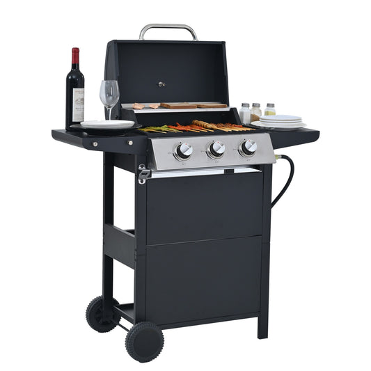 Highsound 3-Burner Propane Gas Grill, 25,650 BTU Stainless Steel BBQ Grill with Side Tables, Outdoor Portable Grill for Backyard & Camping, Black - VANELC