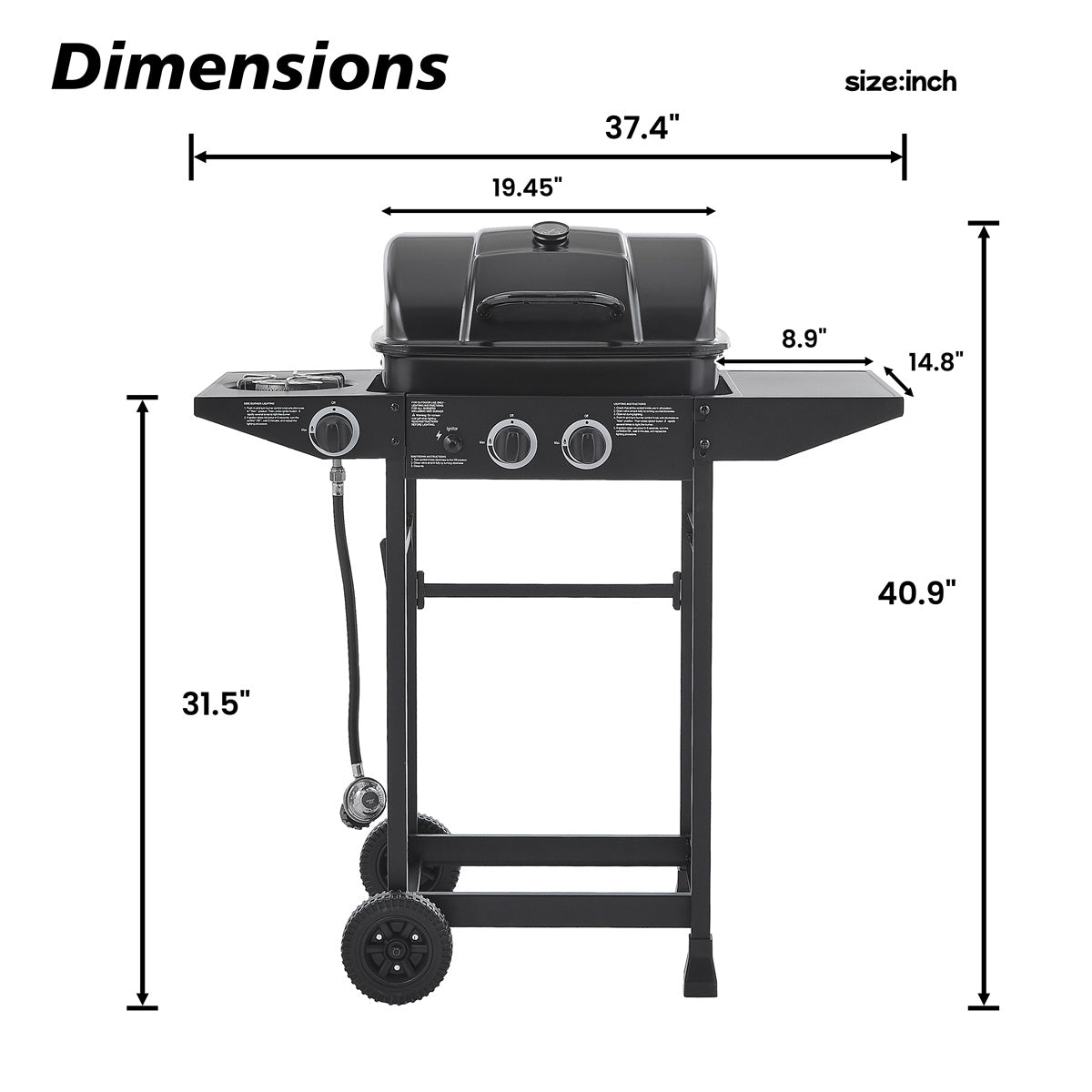 YIORTWO 2-Burner Propane Gas Grill with Side Burner, 24,000 BTU Compact BBQ Grill for Balcony & Small Patio, Enameled Grates, Black - VANELC
