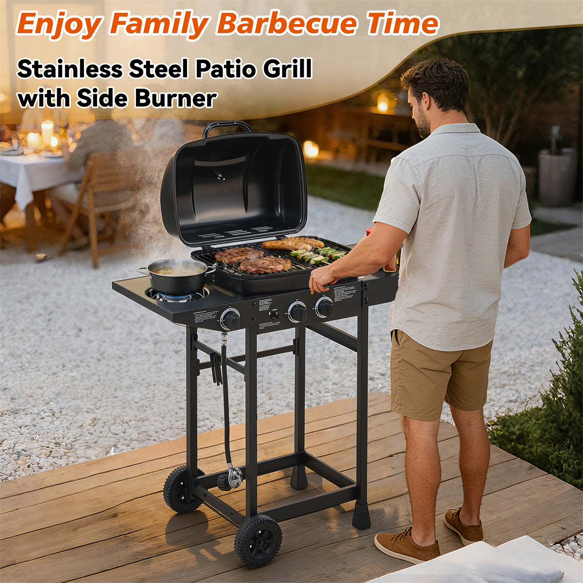 YIORTWO 2-Burner Propane Gas Grill with Side Burner, 24,000 BTU Compact BBQ Grill for Balcony & Small Patio, Enameled Grates, Black - VANELC