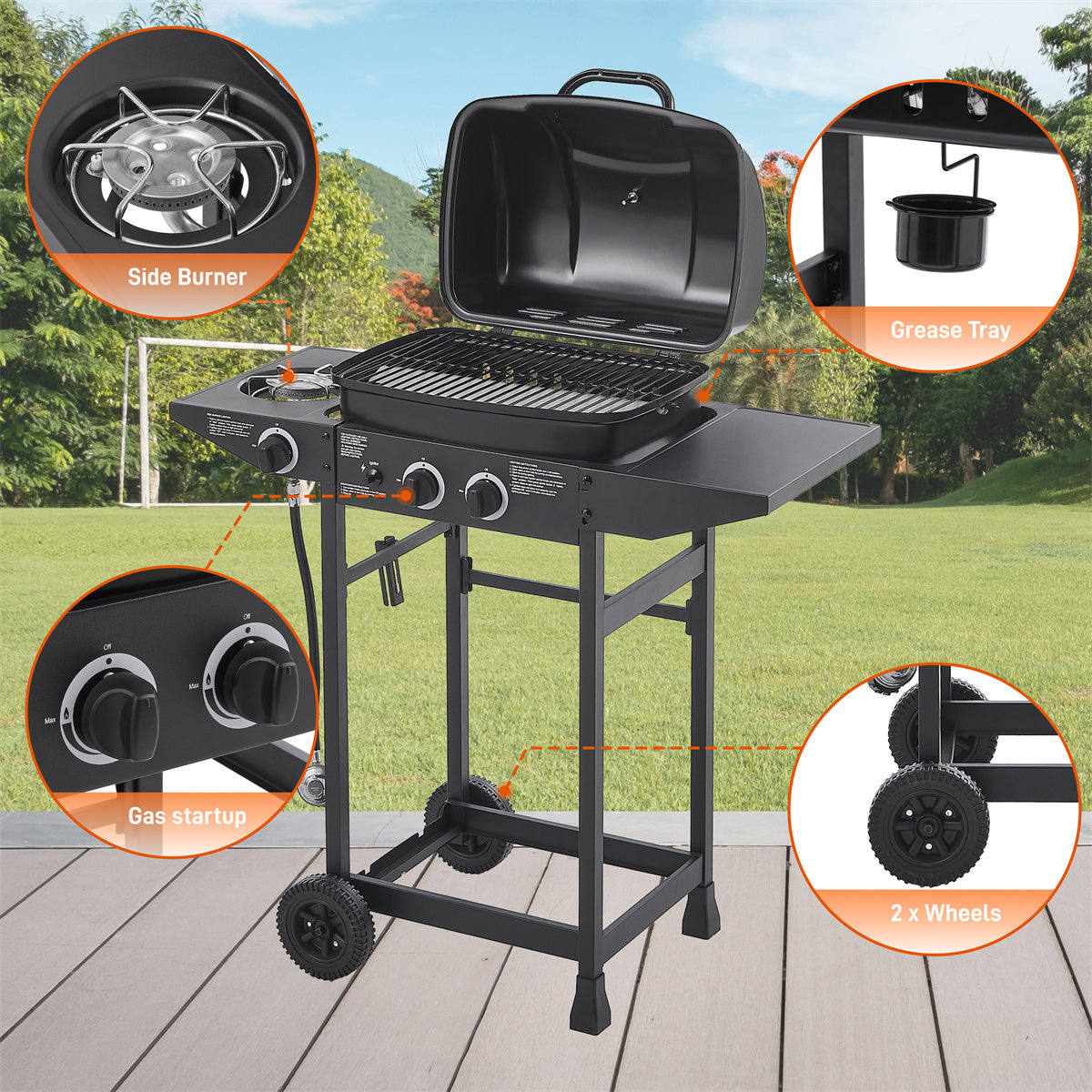 YIORTWO 2-Burner Propane Gas Grill with Side Burner, 24,000 BTU Compact BBQ Grill for Balcony & Small Patio, Enameled Grates, Black - VANELC