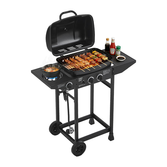 YIORTWO 2-Burner Propane Gas Grill with Side Burner, 24,000 BTU Compact BBQ Grill for Balcony & Small Patio, Enameled Grates, Black - VANELC