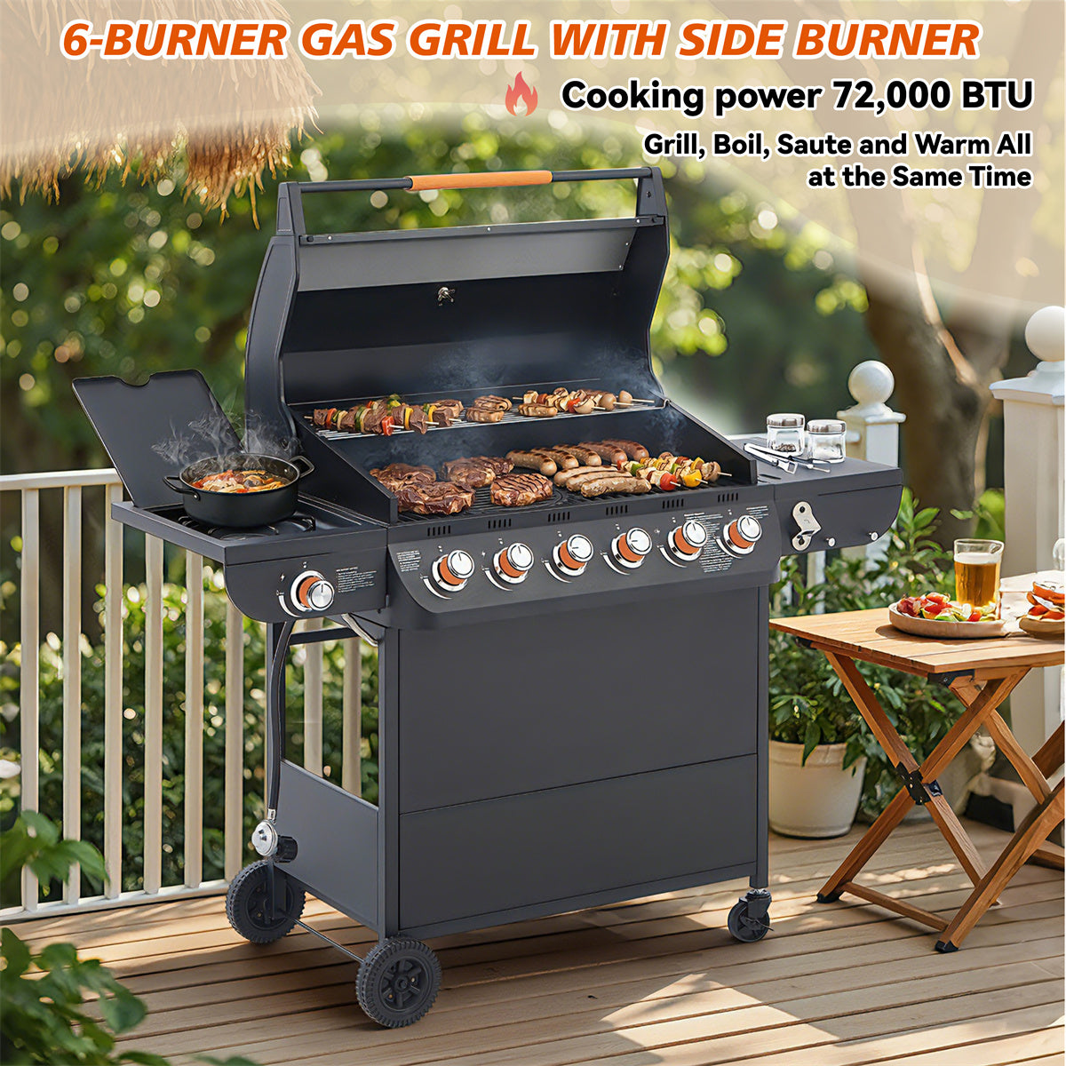YIORTWO 6-Burner Propane Gas Grill with Side Burner, 72000 BTU Stainless Steel BBQ Grill with Cast Iron Grates, 650 sq. in. Cooking Area, Black - VANELC