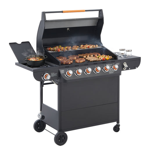 YIORTWO 6-Burner Propane Gas Grill with Side Burner, 72000 BTU Stainless Steel BBQ Grill with Cast Iron Grates, 650 sq. in. Cooking Area, Black - VANELC