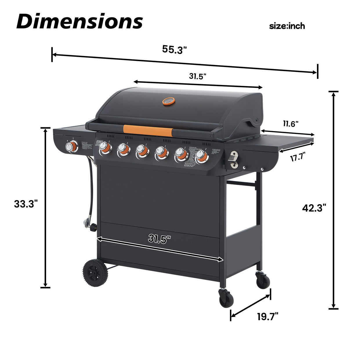 YIORTWO 6-Burner Propane Gas Grill with Side Burner, 72000 BTU Stainless Steel BBQ Grill with Cast Iron Grates, 650 sq. in. Cooking Area, Black - VANELC