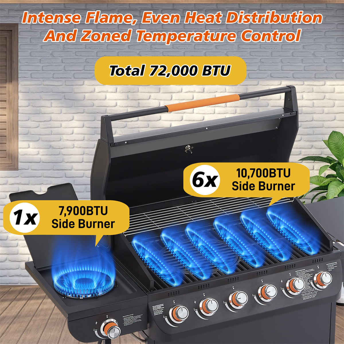 YIORTWO 6-Burner Propane Gas Grill with Side Burner, 72000 BTU Stainless Steel BBQ Grill with Cast Iron Grates, 650 sq. in. Cooking Area, Black - VANELC
