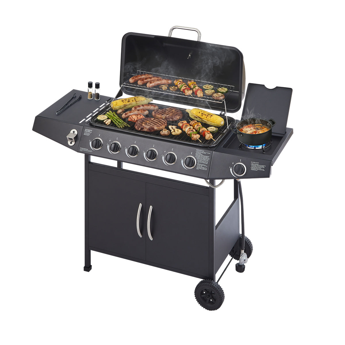 YIORTWO 6-Burner Propane Gas Grill with Side Burner, 59,000 BTU BBQ Grill with Enamel-Coated Cast Iron Grates, 576 sq. in. Cooking Area, Black - VANELC
