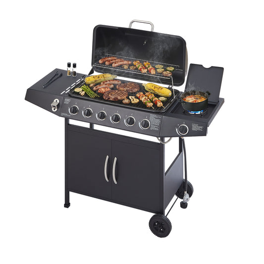 YIORTWO 6-Burner Propane Gas Grill with Side Burner, 59,000 BTU BBQ Grill with Enamel-Coated Cast Iron Grates, 576 sq. in. Cooking Area, Black - VANELC