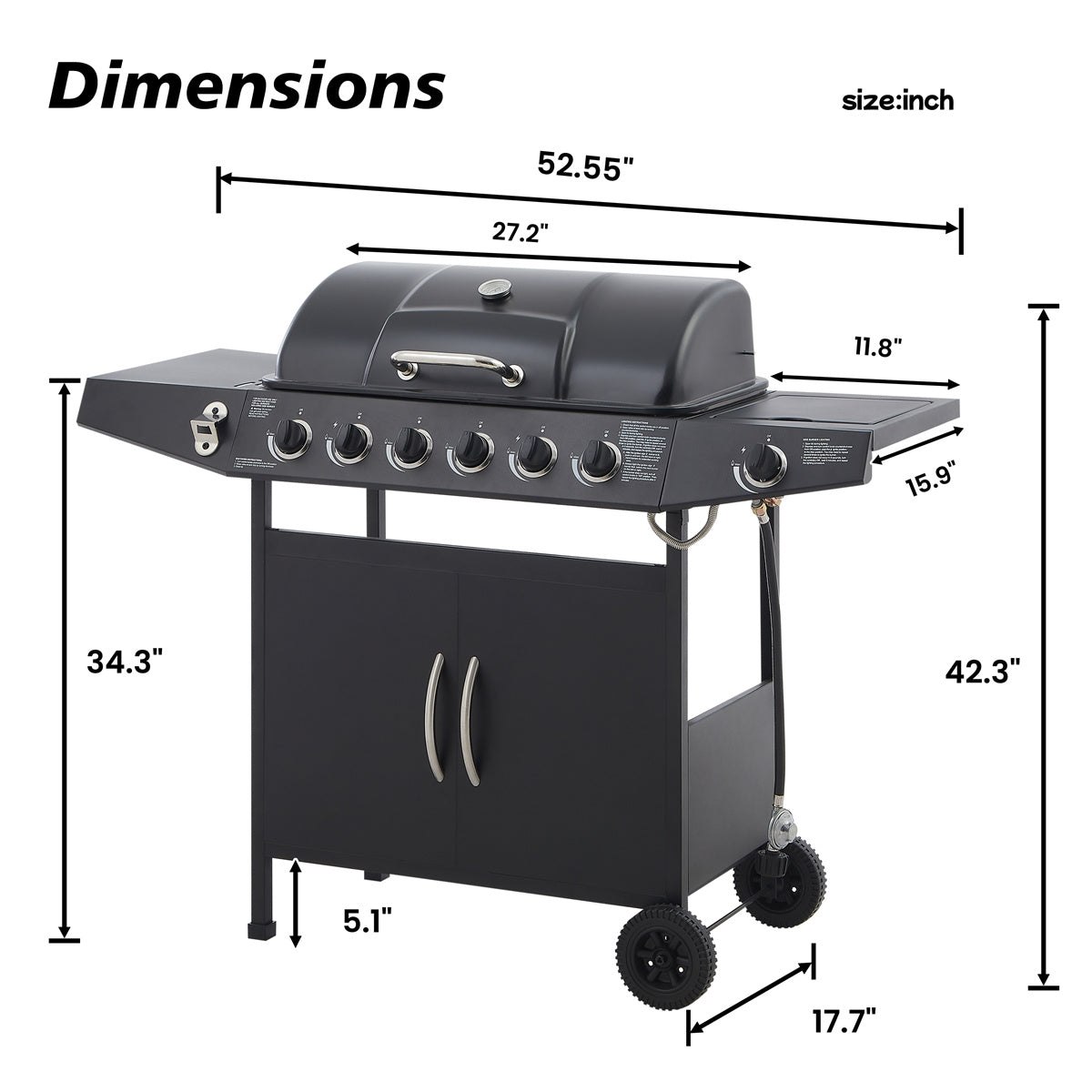 YIORTWO 6-Burner Propane Gas Grill with Side Burner, 59,000 BTU BBQ Grill with Enamel-Coated Cast Iron Grates, 576 sq. in. Cooking Area, Black - VANELC