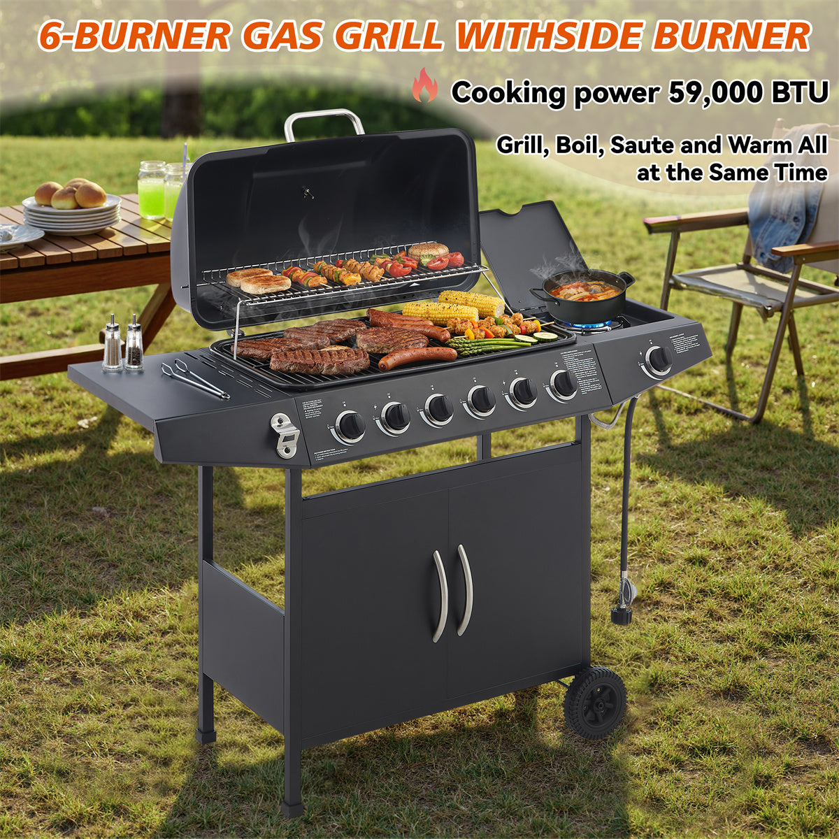 YIORTWO 6-Burner Propane Gas Grill with Side Burner, 59,000 BTU BBQ Grill with Enamel-Coated Cast Iron Grates, 576 sq. in. Cooking Area, Black - VANELC