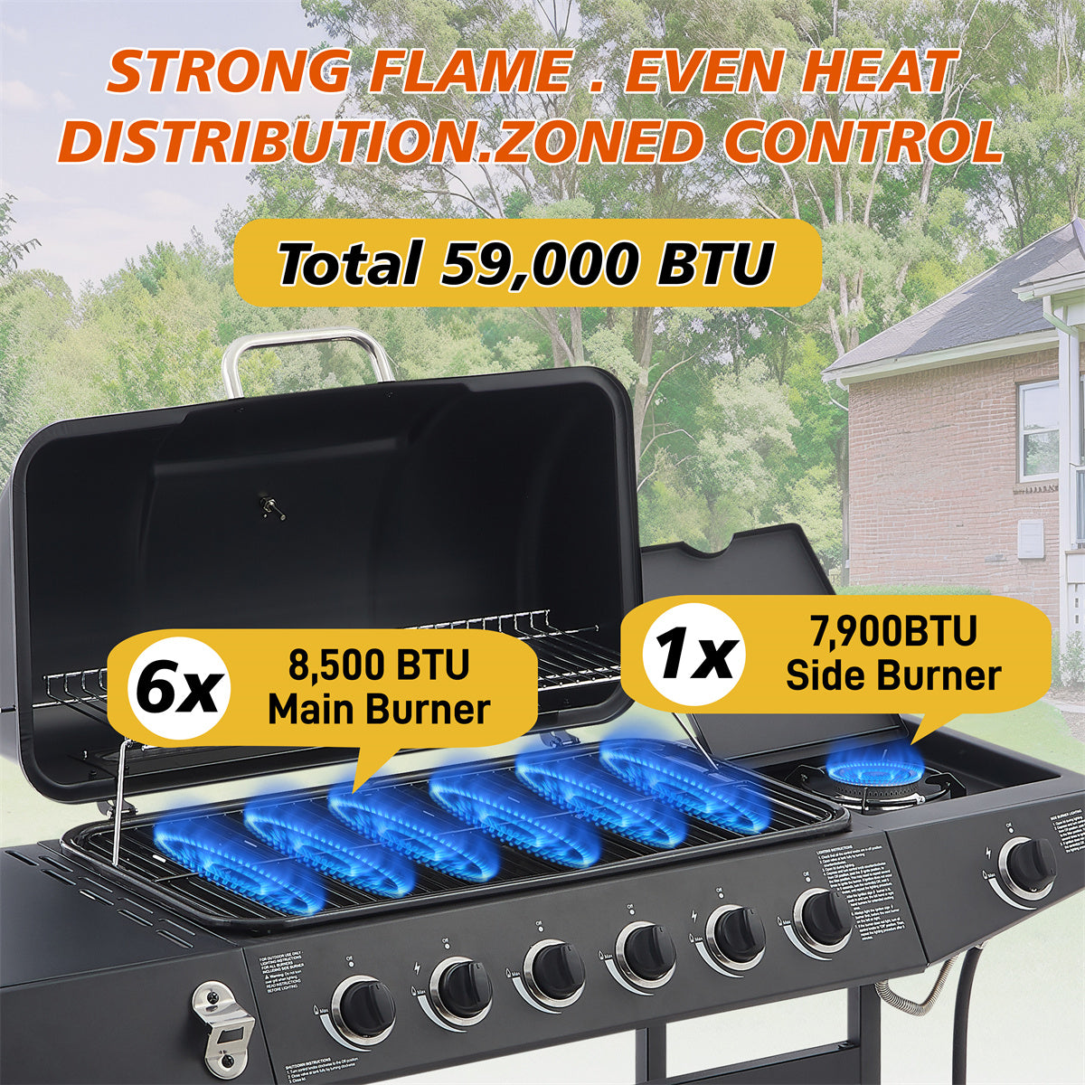YIORTWO 6-Burner Propane Gas Grill with Side Burner, 59,000 BTU BBQ Grill with Enamel-Coated Cast Iron Grates, 576 sq. in. Cooking Area, Black - VANELC