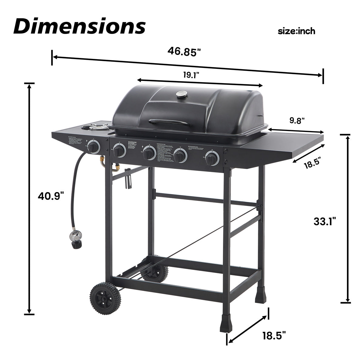 YIORTWO 4-Burner Propane Gas Grill with Side Burner, 42,000 BTU BBQ Grill with Enamel-Coated Cast Iron Grates, 534 sq. in. Cooking Area, Black - VANELC