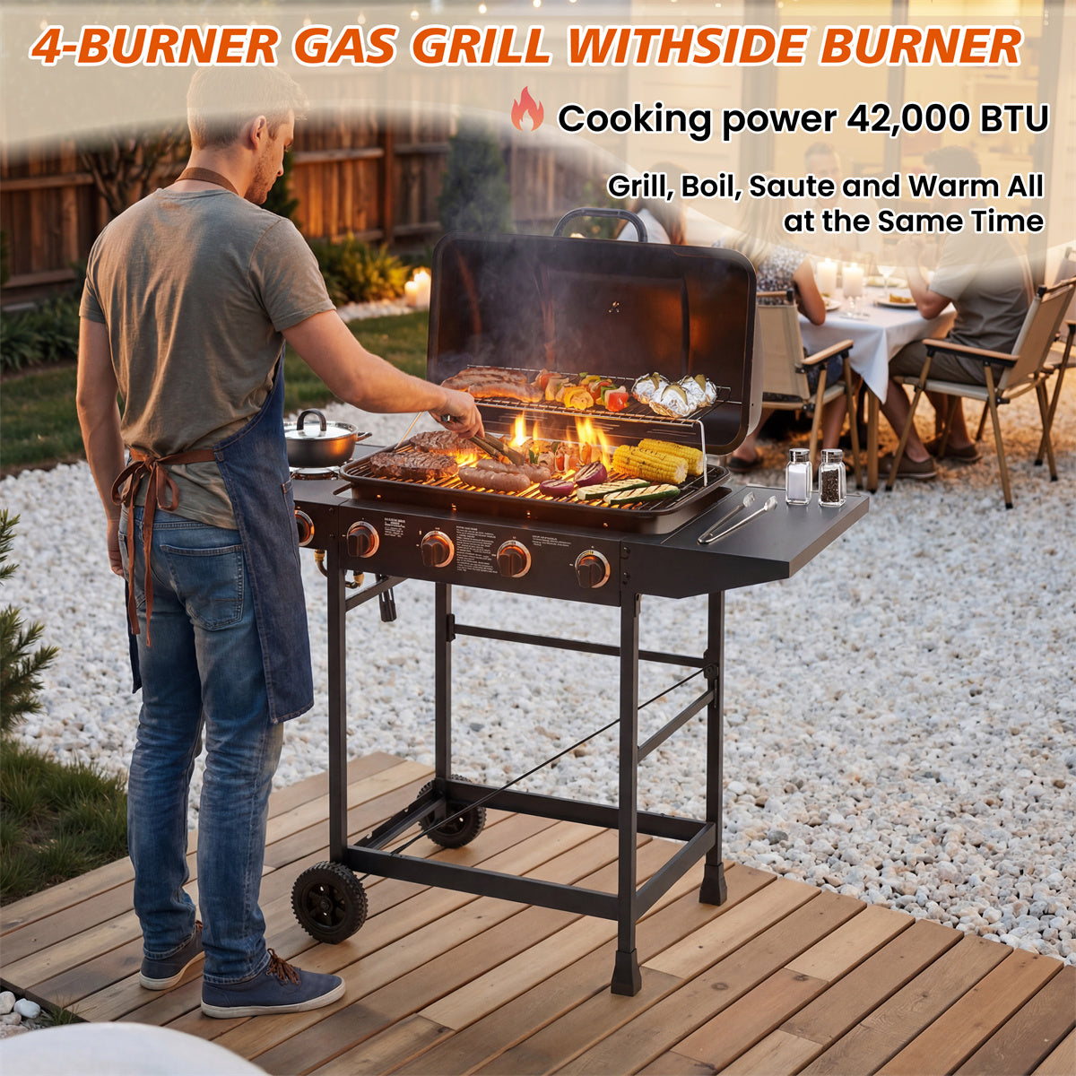YIORTWO 4-Burner Propane Gas Grill with Side Burner, 42,000 BTU BBQ Grill with Enamel-Coated Cast Iron Grates, 534 sq. in. Cooking Area, Black - VANELC