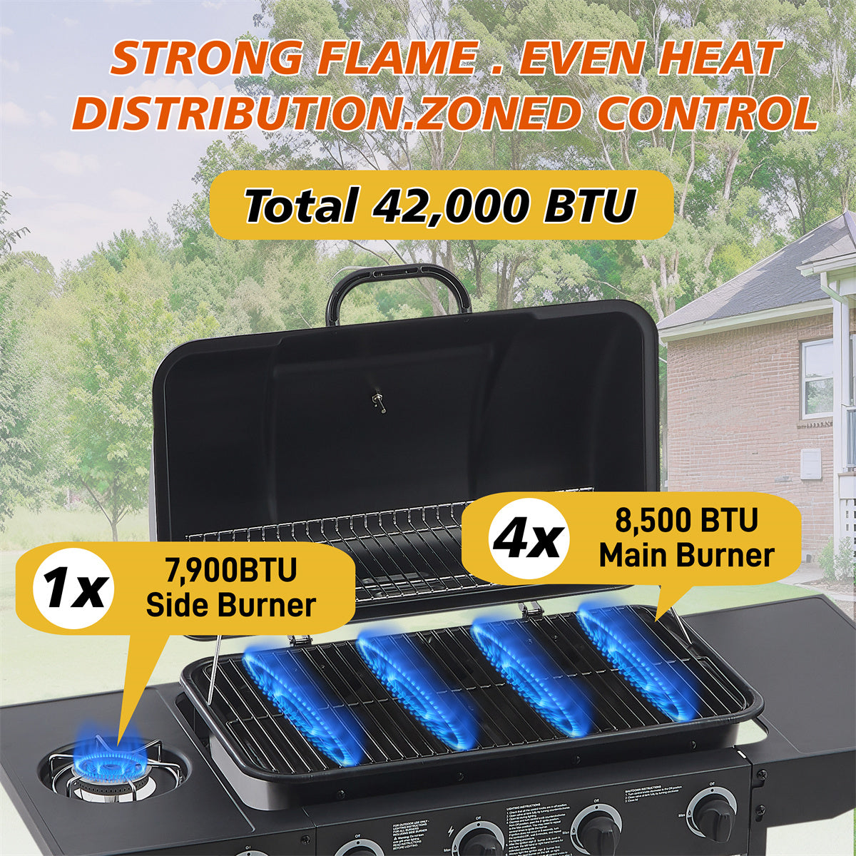 YIORTWO 4-Burner Propane Gas Grill with Side Burner, 42,000 BTU BBQ Grill with Enamel-Coated Cast Iron Grates, 534 sq. in. Cooking Area, Black - VANELC