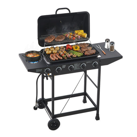 YIORTWO 4-Burner Propane Gas Grill with Side Burner, 42,000 BTU BBQ Grill with Enamel-Coated Cast Iron Grates, 534 sq. in. Cooking Area, Black - VANELC