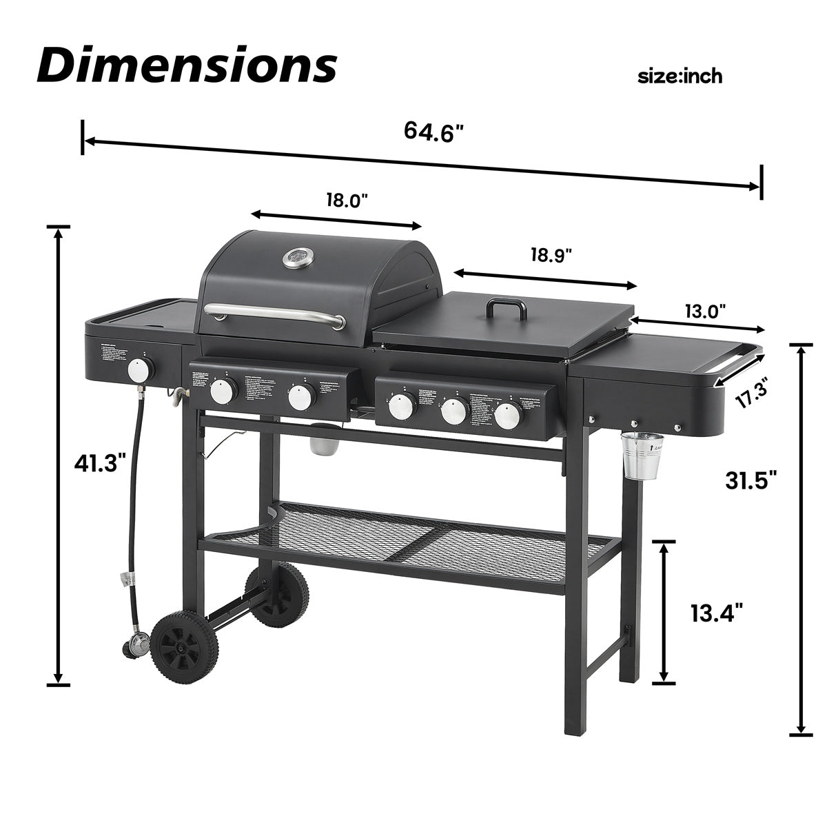 YIORTWO 3-in-1 Propane Gas Grill & Griddle Combo with Side Burner, 5-Burner 56,000 BTU BBQ Station, 745 sq. in. Cooking Space, Enamel-Coated Grates, Black - VANELC