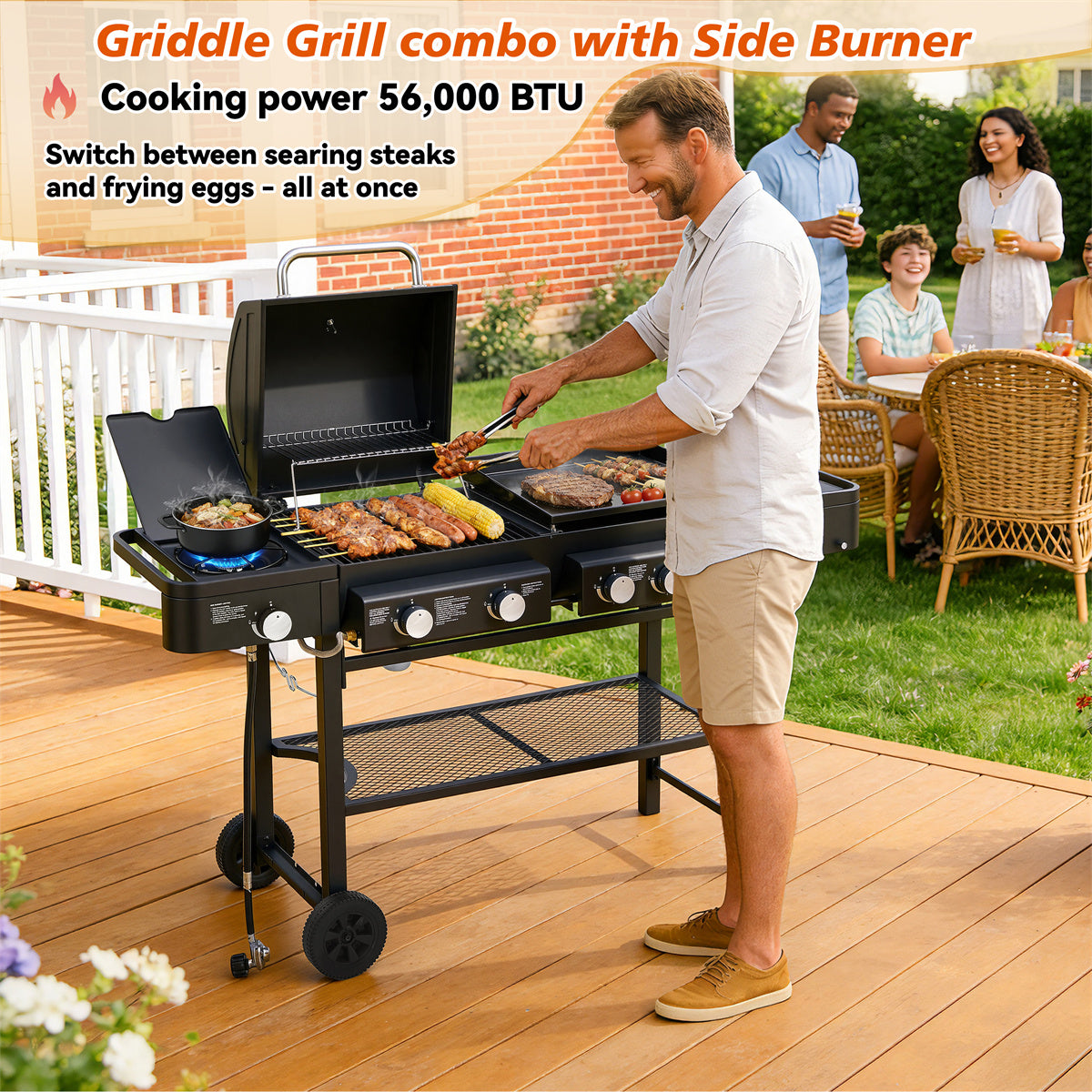 YIORTWO 3-in-1 Propane Gas Grill & Griddle Combo with Side Burner, 5-Burner 56,000 BTU BBQ Station, 745 sq. in. Cooking Space, Enamel-Coated Grates, Black - VANELC