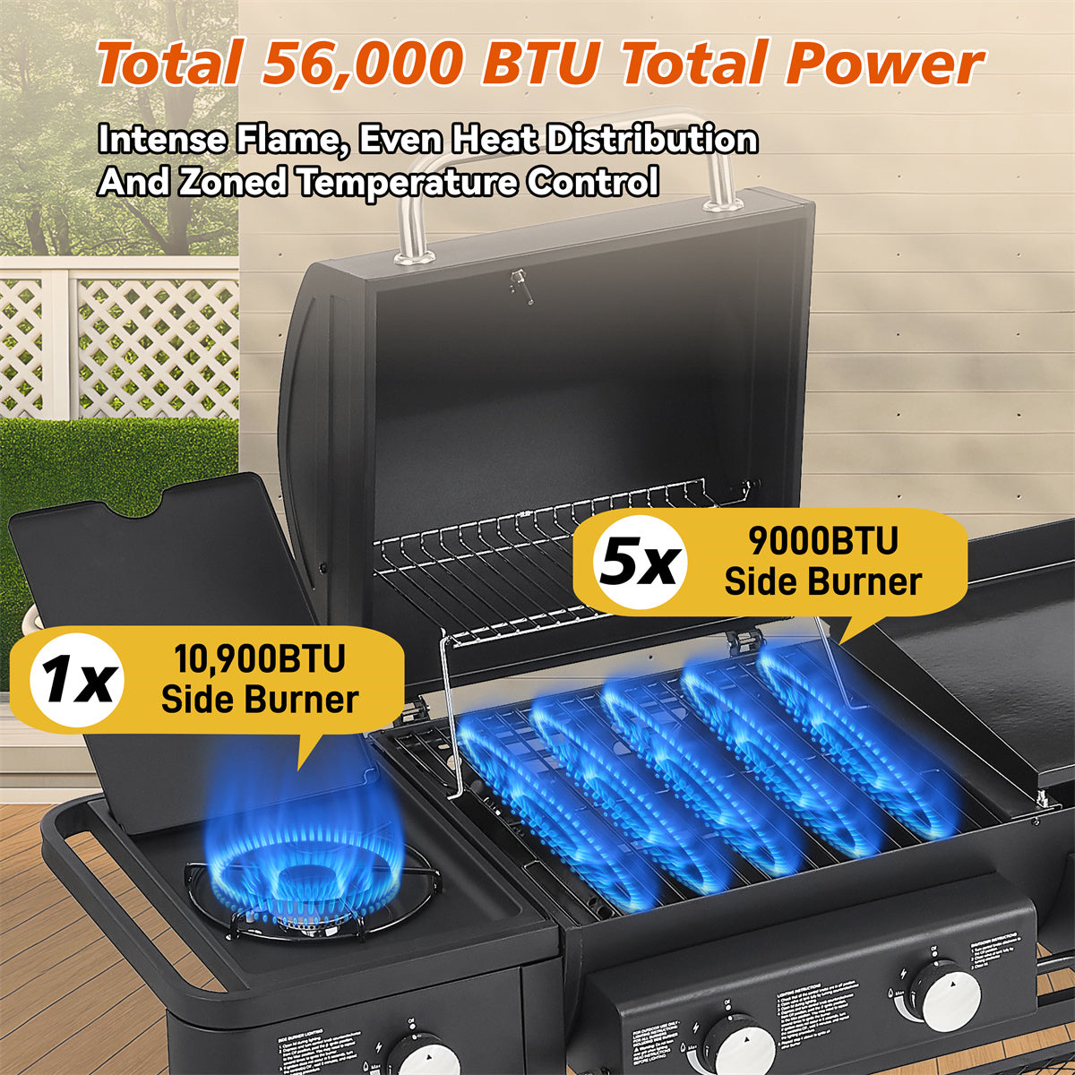YIORTWO 3-in-1 Propane Gas Grill & Griddle Combo with Side Burner, 5-Burner 56,000 BTU BBQ Station, 745 sq. in. Cooking Space, Enamel-Coated Grates, Black - VANELC