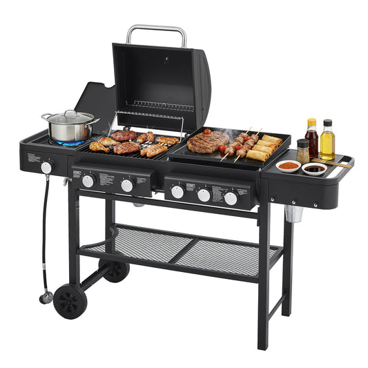 YIORTWO 3-in-1 Propane Gas Grill & Griddle Combo with Side Burner, 5-Burner 56,000 BTU BBQ Station, 745 sq. in. Cooking Space, Enamel-Coated Grates, Black - VANELC