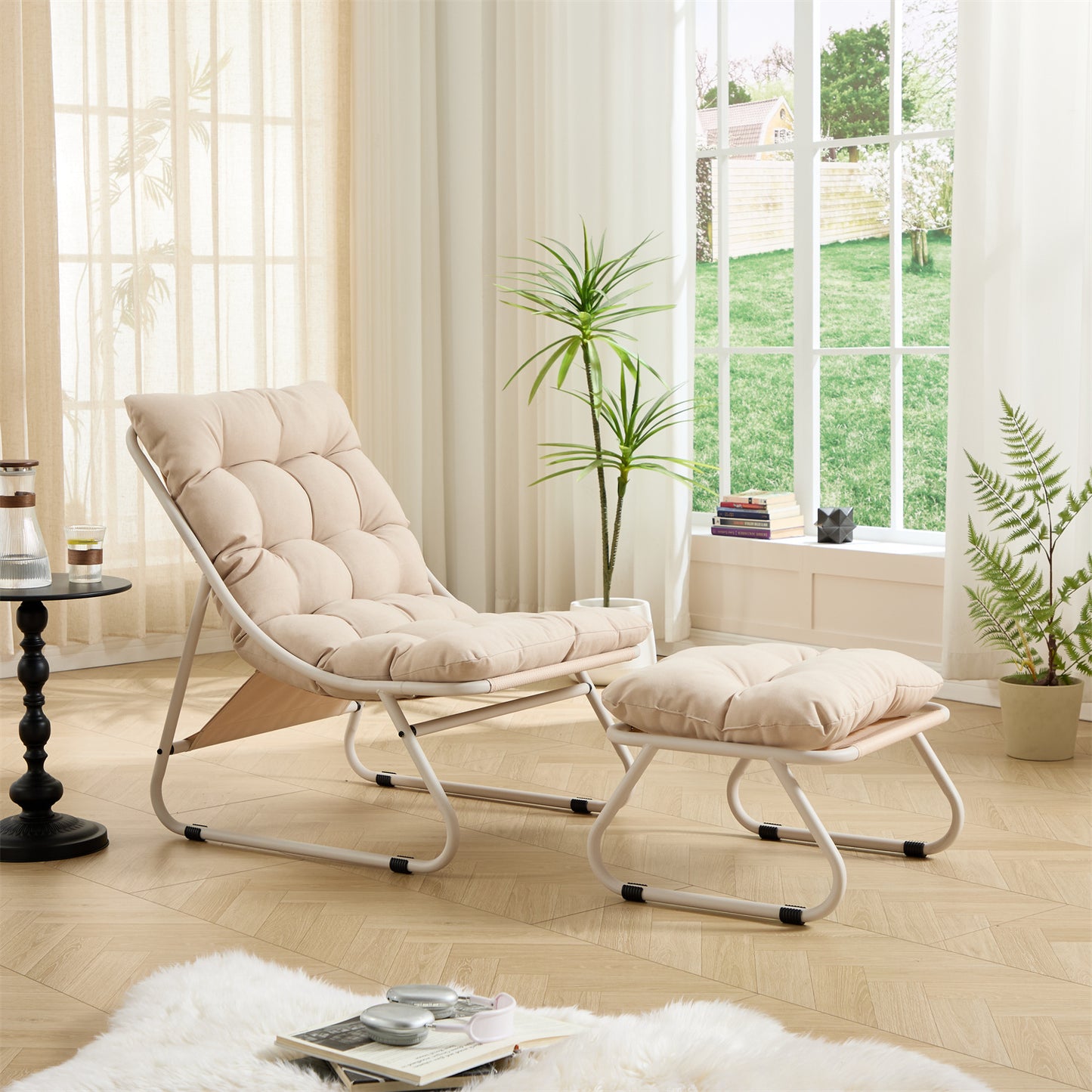 YIORTWO Patio Outdoor Lounge Chair with Ottoman, Sling Recliner Chair with Puffy Cushion & Foot Stool, Metal Frame for Patio, Garden, Poolside, Beige - VANELC