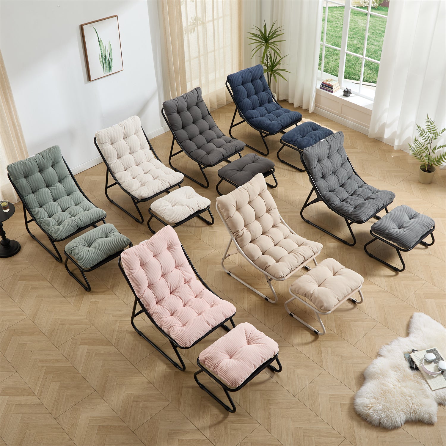 YIORTWO Patio Outdoor Lounge Chair with Ottoman, Sling Recliner Chair with Puffy Cushion & Foot Stool, Metal Frame for Patio, Garden, Poolside, Beige - VANELC