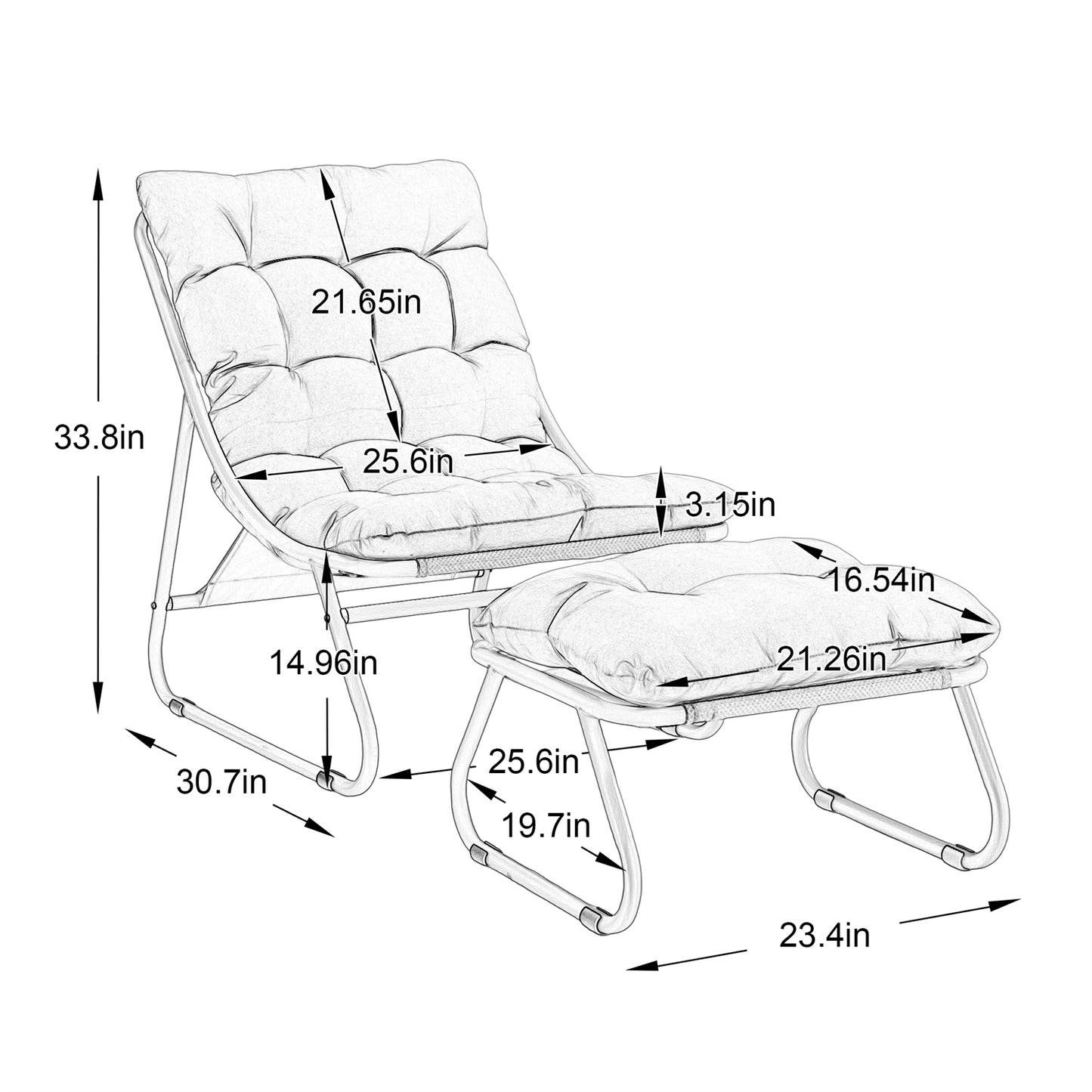 YIORTWO Patio Outdoor Lounge Chair with Ottoman, Sling Recliner Chair with Puffy Cushion & Foot Stool, Metal Frame for Patio, Garden, Poolside, Beige - VANELC