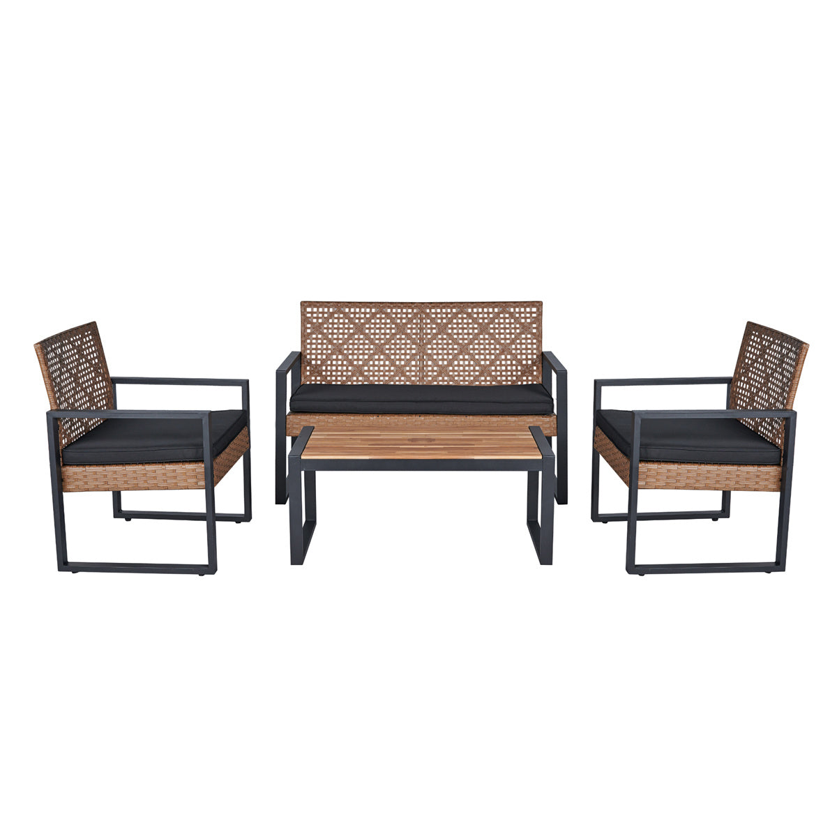 YIORTWO 4-Piece Patio Furniture Set, Outdoor Wicker Conversation Set with Acacia Wood Coffee Table and Beige Cushions, Light Brown - VANELC