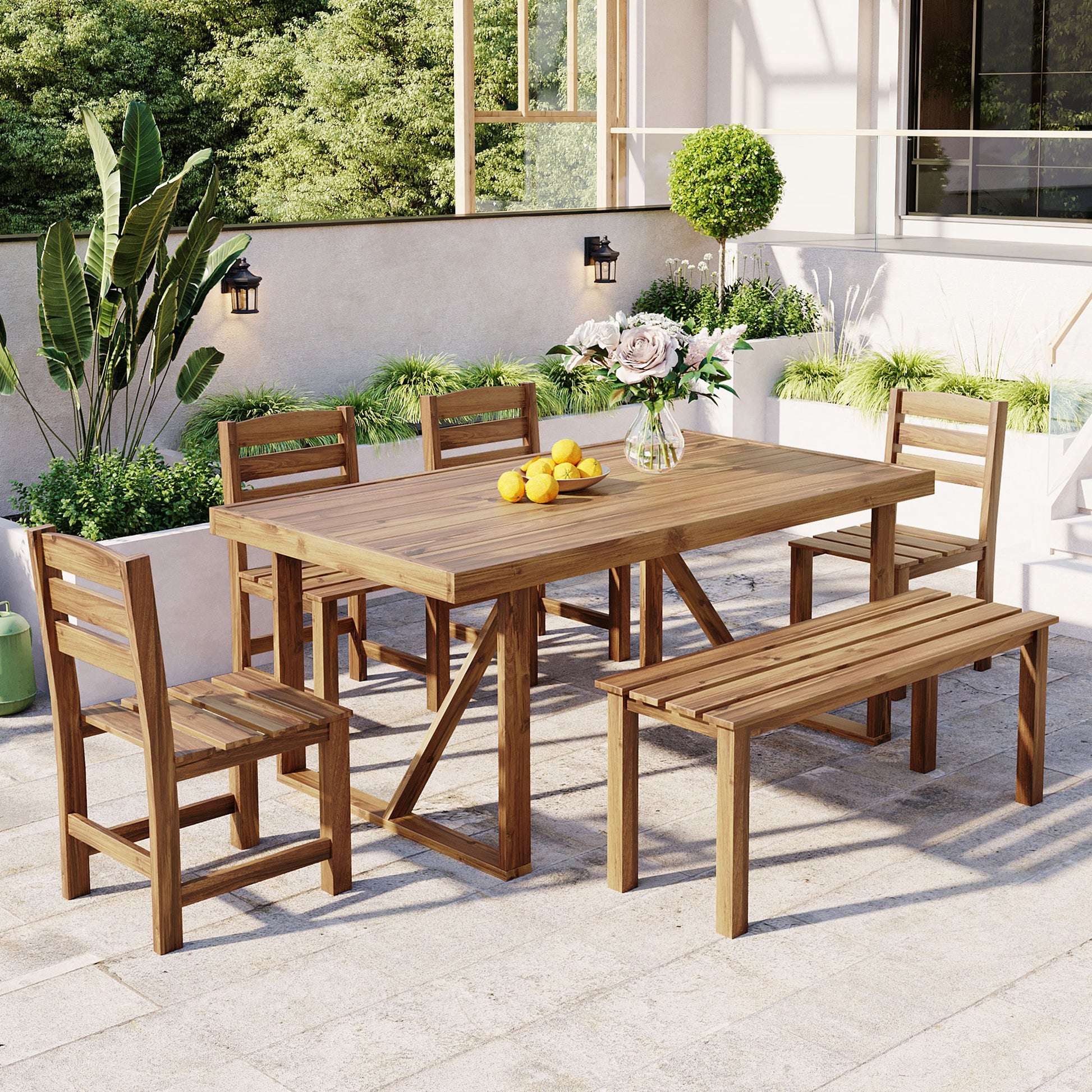 HighSound 6-Piece Outdoor Acacia Wood Dining Set, Patio Table and Chairs Set with Bench for 6-7 People, Outdoor Dining Furniture Set for Garden, Backyard and Poolside, Natural - VANELC