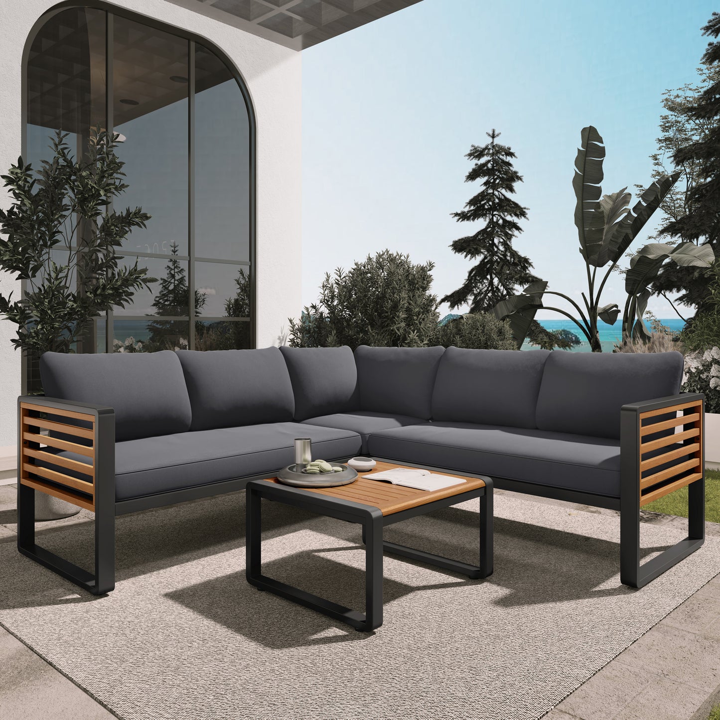 YIORTWO 4 Piece Patio Furniture Set, L-shaped Sofa with Gray Cushions & Acacia Wood Coffee Table, Black Metal Frame, Outdoor Modern Sectional Conversation Sofa Set for Deck, Yard, Porch, Garden - VANELC