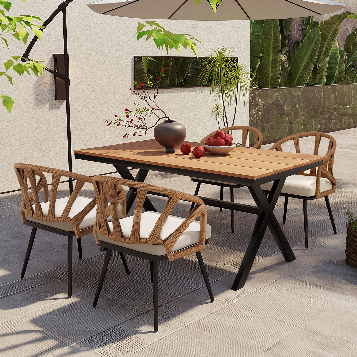 Highsound Outdoor Dining Set with Plastic Wood Table & 4 Chairs, Weather-Resistant Patio Furniture for Garden, Lawn, Dark Yellow - VANELC