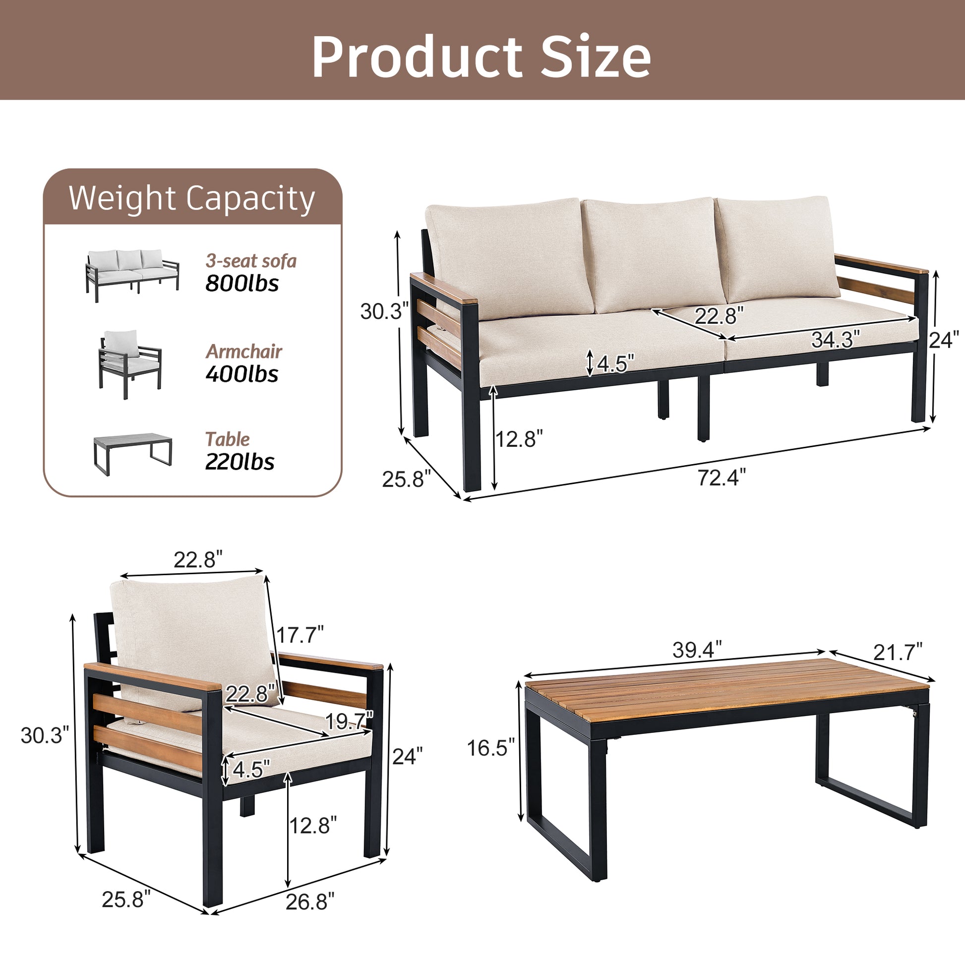 YIORTWO Patio Furniture Set, 4 Piece Outdoor Patio Furniture with Coffee Table Set, Metal Patio Conversation Sets with Washable and High-Resiliency Sponge Cushions, Beige - VANELC