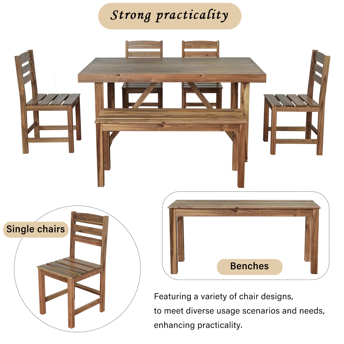 HighSound 6-Piece Outdoor Acacia Wood Dining Set, Patio Table and Chairs Set with Bench for 6-7 People, Outdoor Dining Furniture Set for Garden, Backyard and Poolside, Natural - VANELC