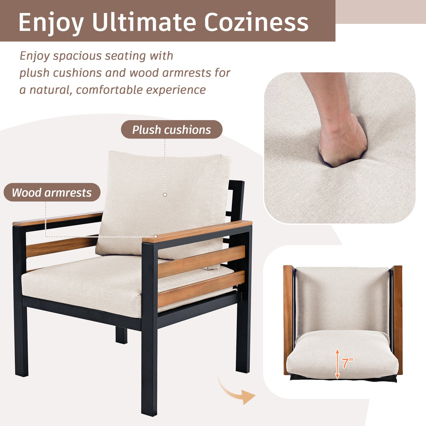 YIORTWO Patio Furniture Set, 4 Piece Outdoor Patio Furniture with Coffee Table Set, Metal Patio Conversation Sets with Washable and High-Resiliency Sponge Cushions, Beige - VANELC