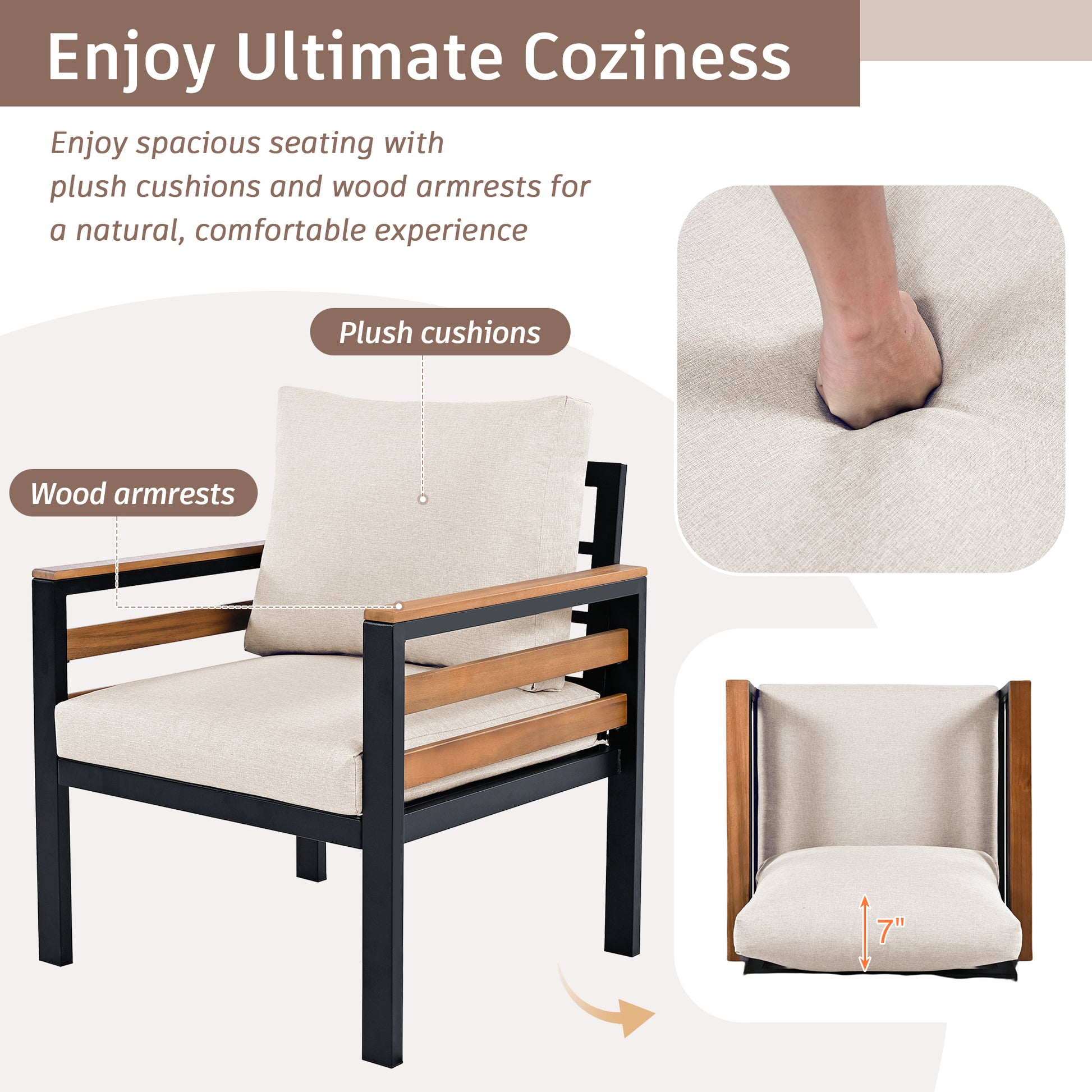 YIORTWO Patio Furniture Set, 4 Piece Outdoor Patio Furniture with Coffee Table Set, Metal Patio Conversation Sets with Washable and High-Resiliency Sponge Cushions, Beige - VANELC