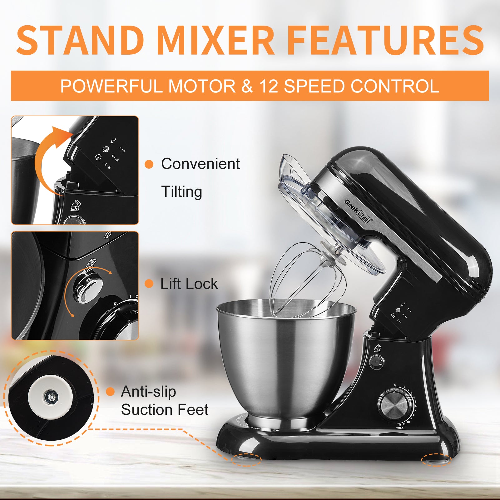 Plum Chef 5QT Stand Mixer, 12-Speed Tilt-Head Electric Mixer with Dough Hook, Whisk, Beater & Bowl, Powerful for Baking, Cakes, Cookies, Black - VANELC