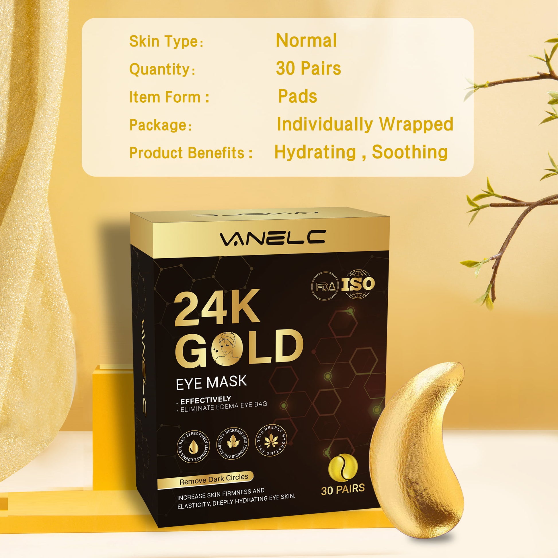 Vanelc 24K Gold Eye Patches, 30 Pairs Under Eye Mask for Dark Circles & Puffy Eyes - VANELC