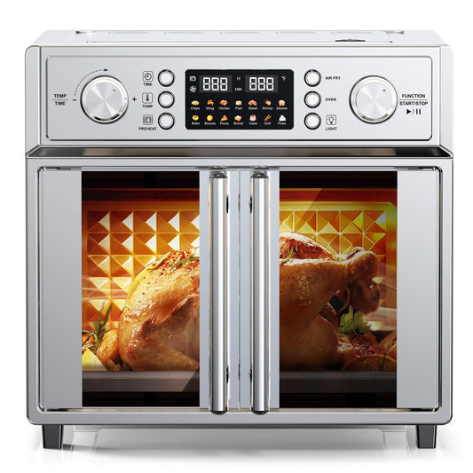 Plum Chef 27.5QT Air Fryer Toaster Oven Combo with 14 Presets, Digital Control, Stainless Steel Large Countertop Oven for Baking, Roasting, Air Frying, Includes Accessories, Silver - VANELC